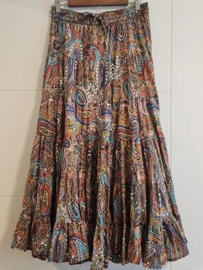 Silver Stream Cotton Vintage Bohemian Paisley Broomstick Sequined Maxi Skirt